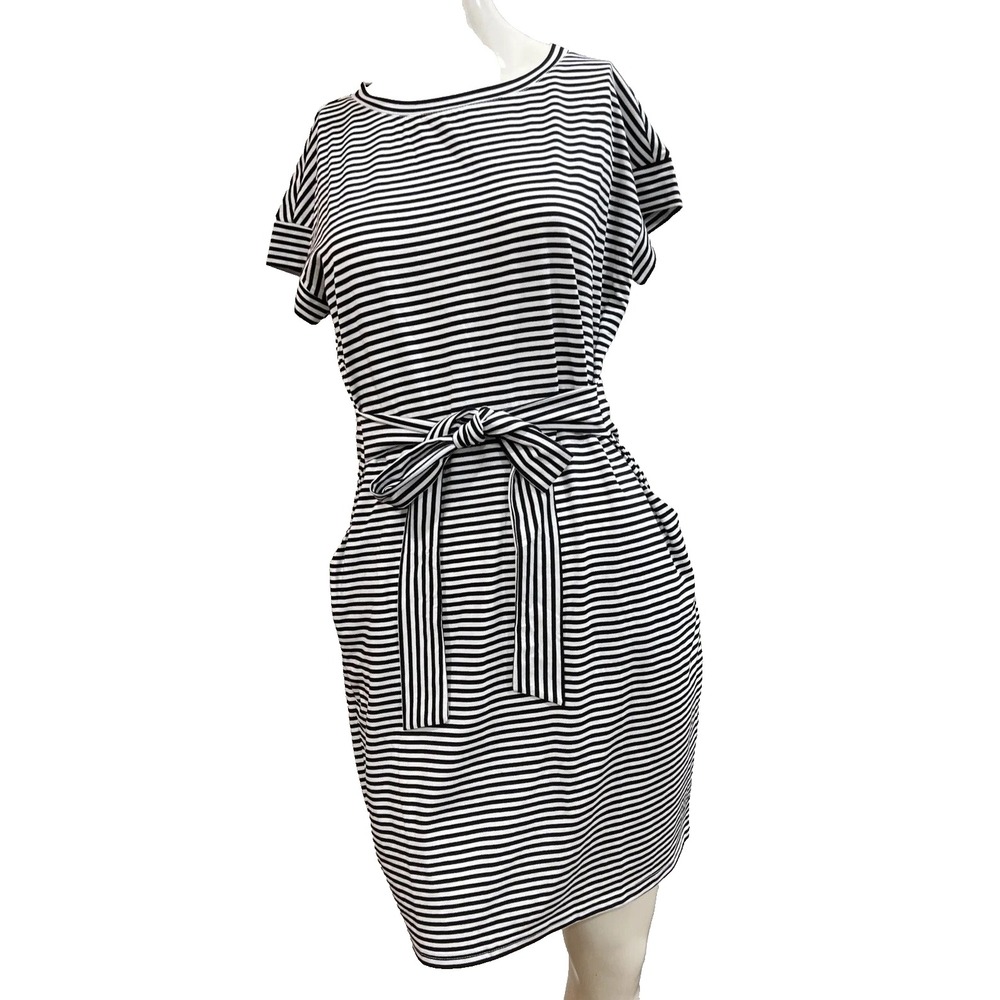 MEROKEETY Dress Womens Summer Short Sleeve T-Shirt Black Stripe Tie Waist Medium